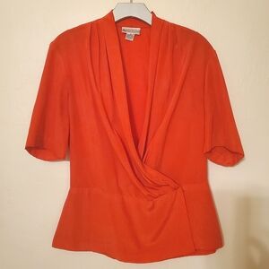 Evan Picone orange silky draped wrap peplum blouse size 10/M